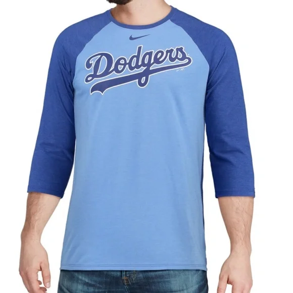 NIKE Dodgers Royal/Navy MLB Tri-Blend Raglan 3/4-Sleeve T-Shirt Size S… - Picture 2 of 9